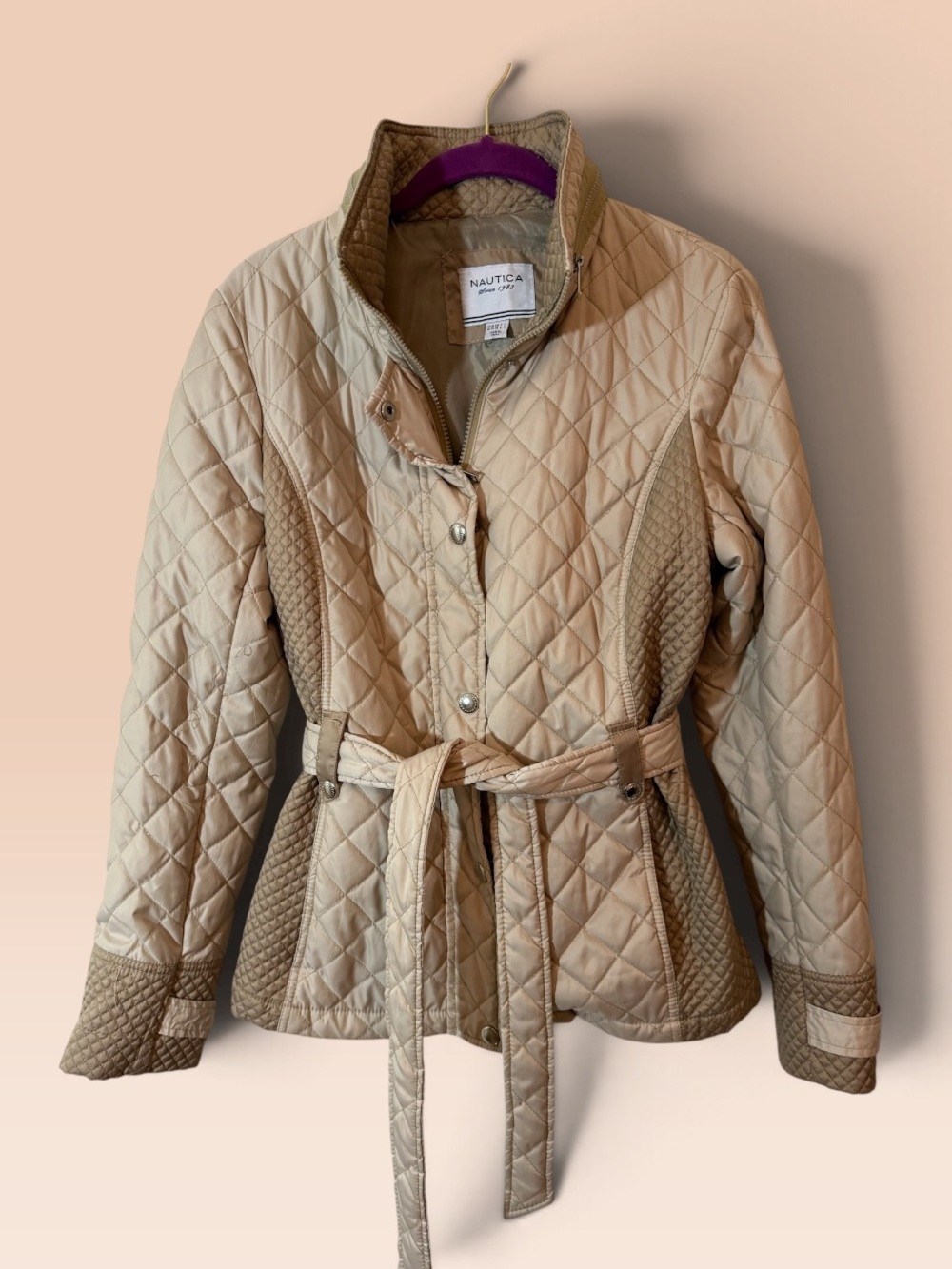 Nautica Quilted Beige Belted Puffer Jacket